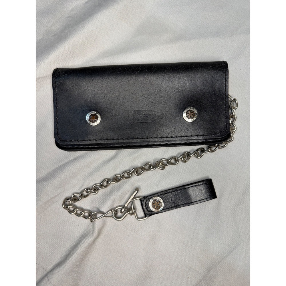 VTG Faded Glory Mens Black Leather Trucker Wallet Biker Chain Star Snap Bifold